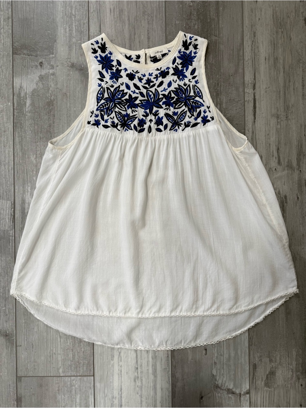Aritzia Wilfred Embroidered Silk Trim Sleeveless Tank Top Ivory Blue XXS